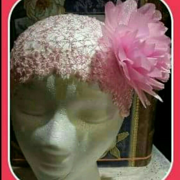 GIRLS PINK LACE STRETCH CAP/HEADBAND - Picture 1 of 4