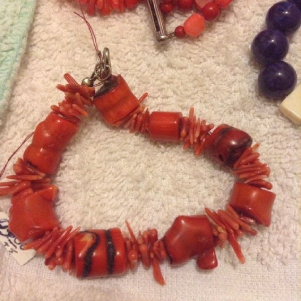 2 Red Coral Stone Ladies Womans Bracelet Set Lot
