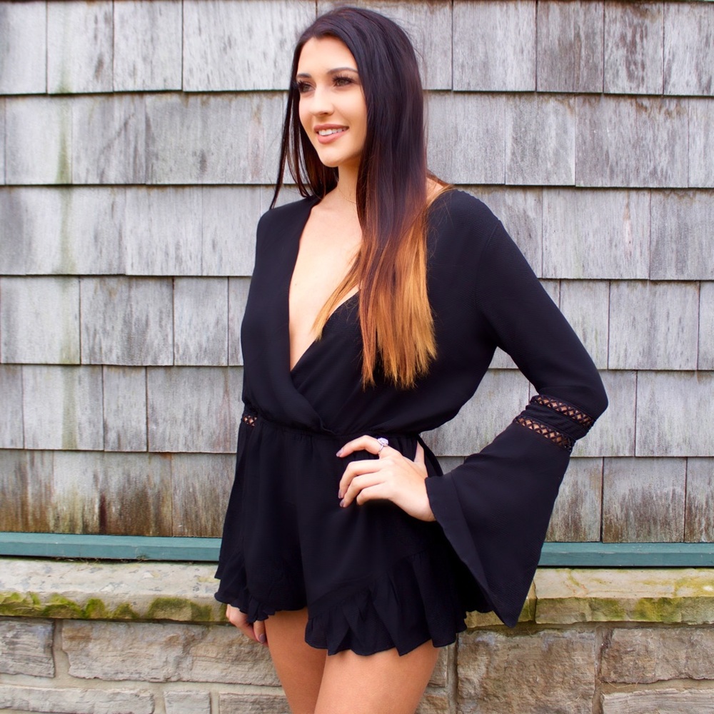 Black Boho Bell Sleeve Romper