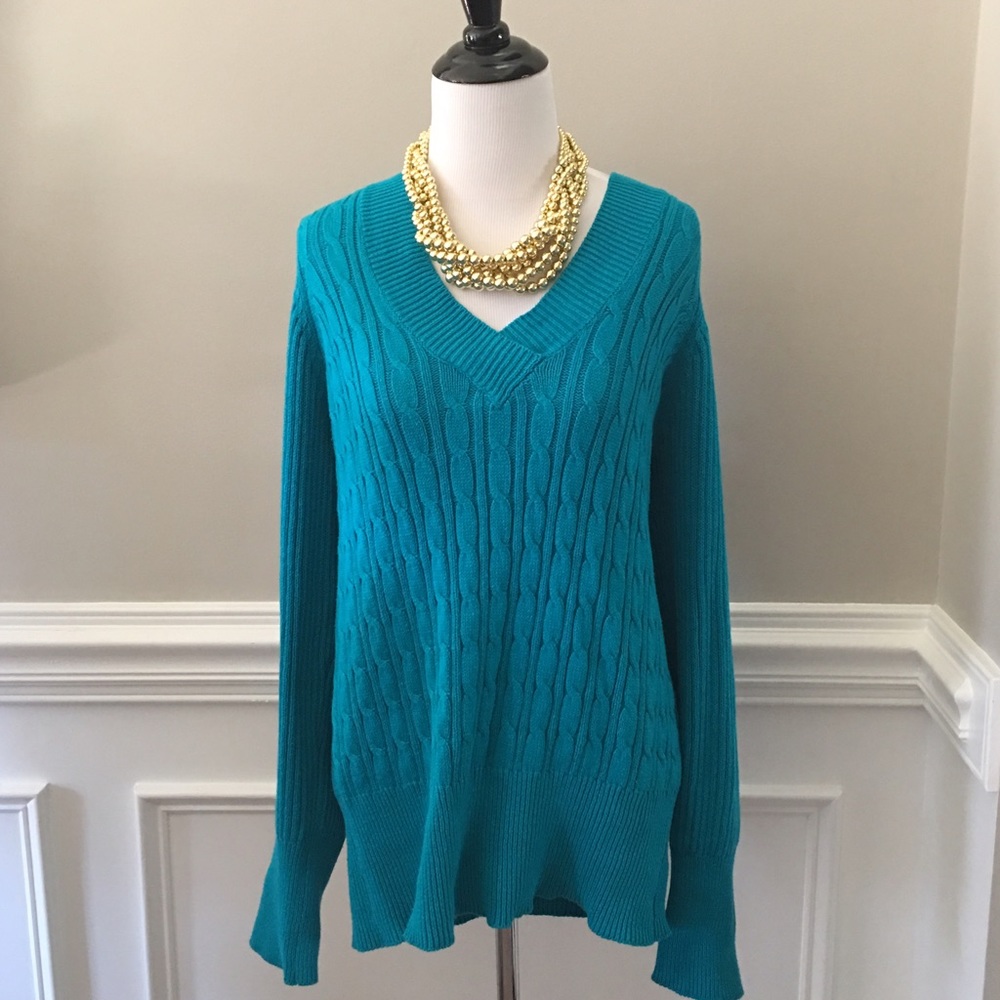 Cyan Blue-Women's V-neck sweater
