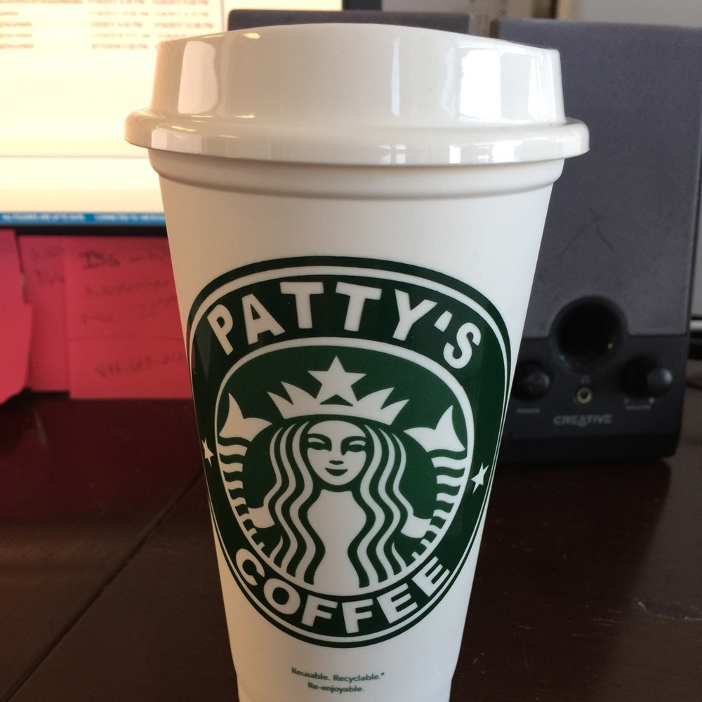 Customized reusable, recyclable coffee cup.