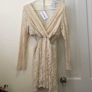 White cream lace open cut mesh dress