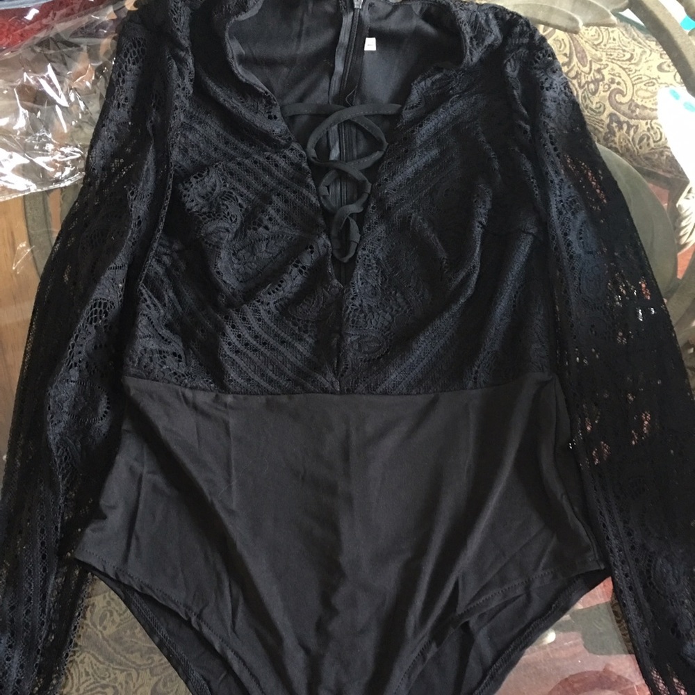 Black lace criss cross front bodysuit