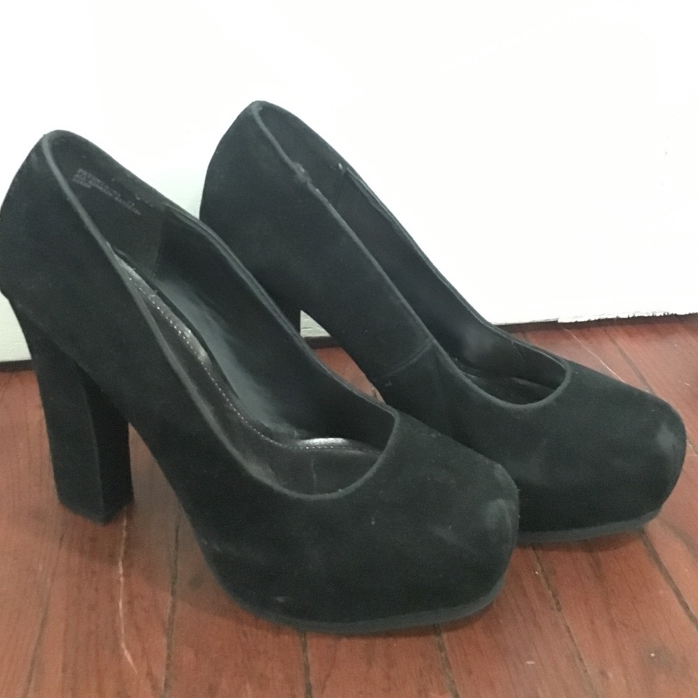 Black suede block heels