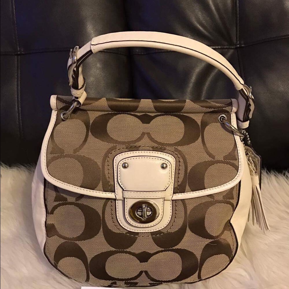 New COACH Light Brown Signature White LeatherStrap
