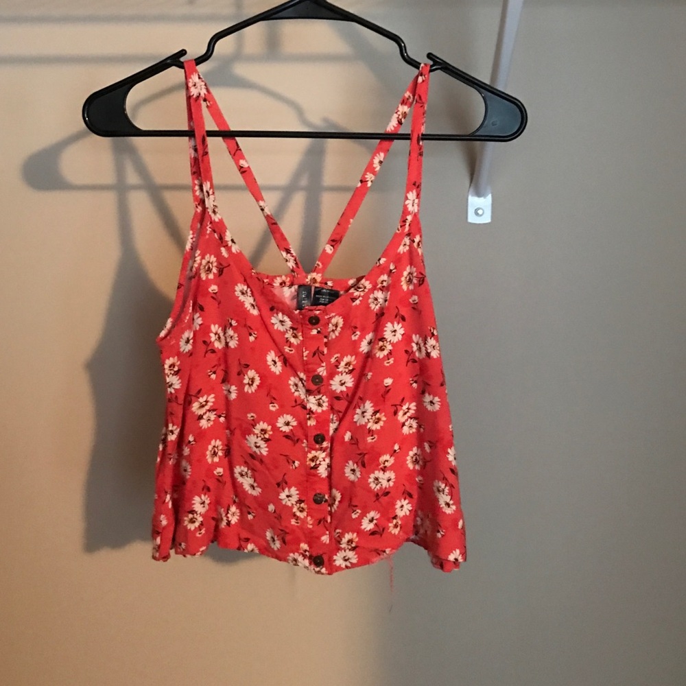 Pink floral spaghetti strap crop top
