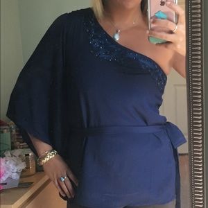 NWT One shoulder silk tie waist blouse -navy blue.