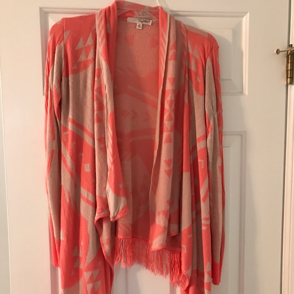 Say What? Coral and Tan Aztec Cardigan Sweater