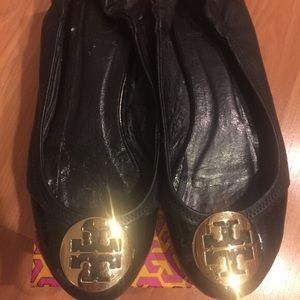 Tory Burch Black Leather Flats with Gold Buckle
