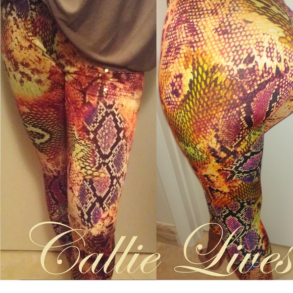 Callie Lives Pants - Gold tinted Snake Print Silky Leggings L/XL