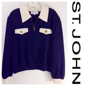 ST. JOHN Blue zip cardigan SWEATER knit Large L ST. JOHN Blue zip cardigan SWEATER knit Large L