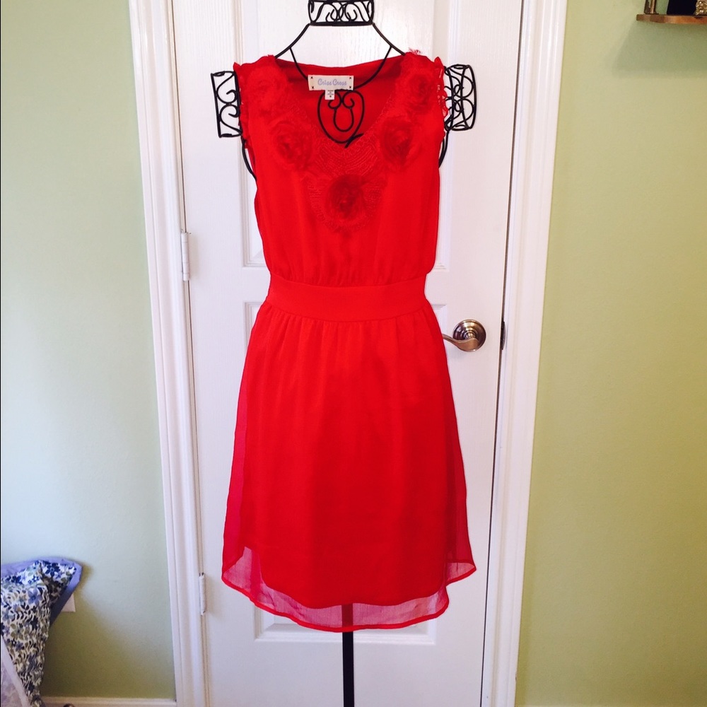 Red lace embellished neckline boutique dress