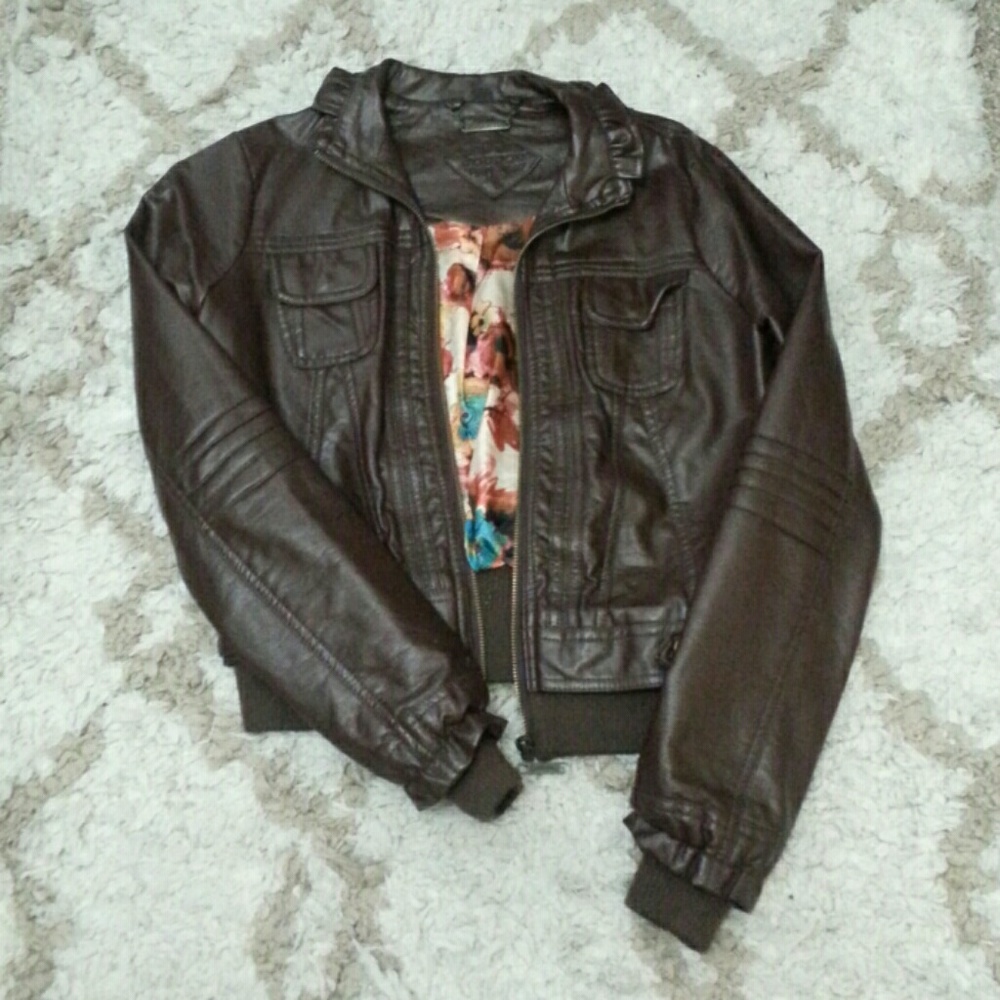 Dark Brown JouJou Faux Leather Bomber Jacket