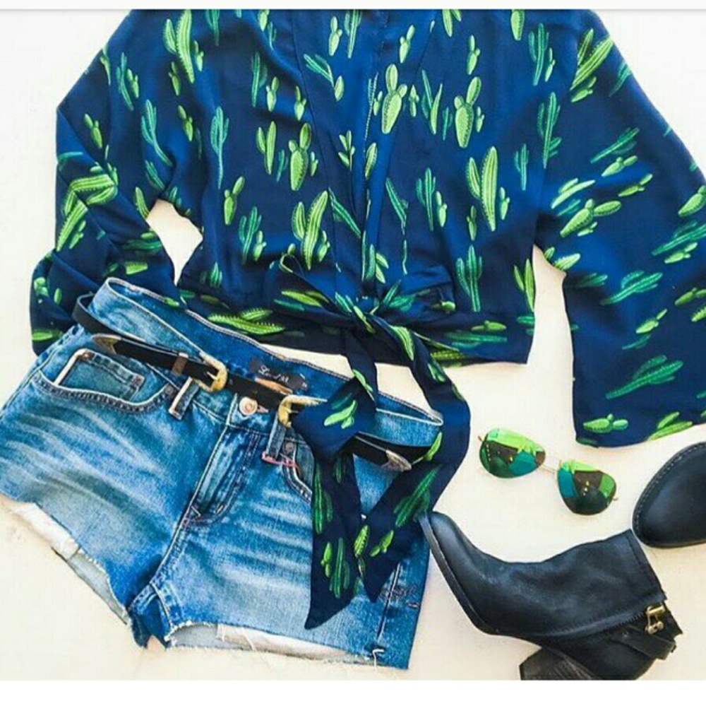 Cactus Deep-V Tie Crop Top