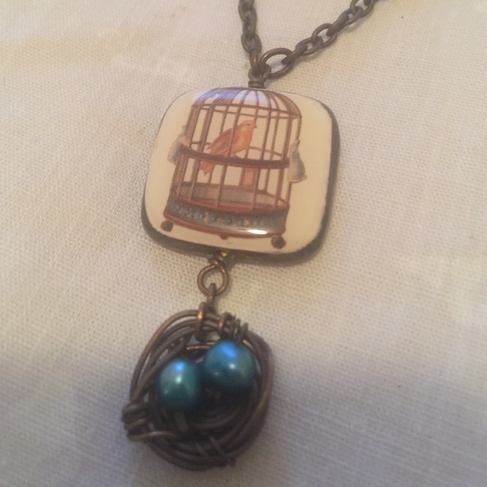 Handmade birdcage and nest necklace