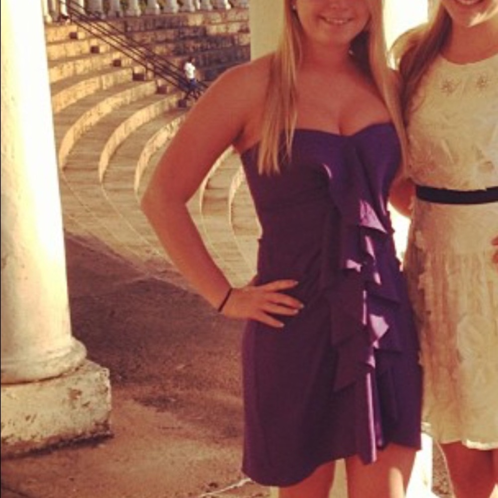 BCBG purple ruffle strapless dress