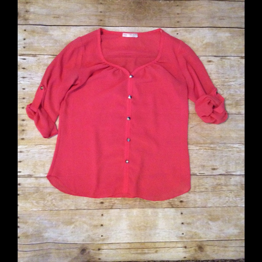 coral faux button blouse
