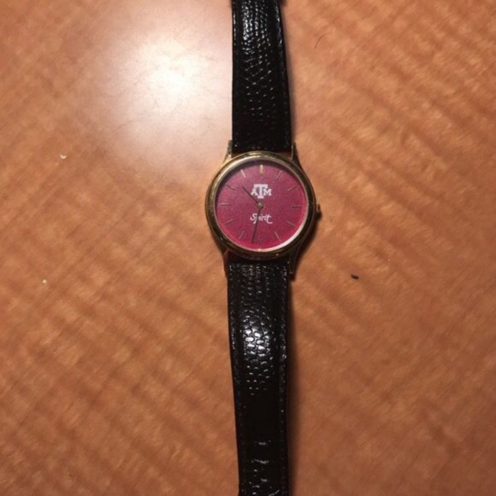 Texas A&M aggies black leather strap gold watch