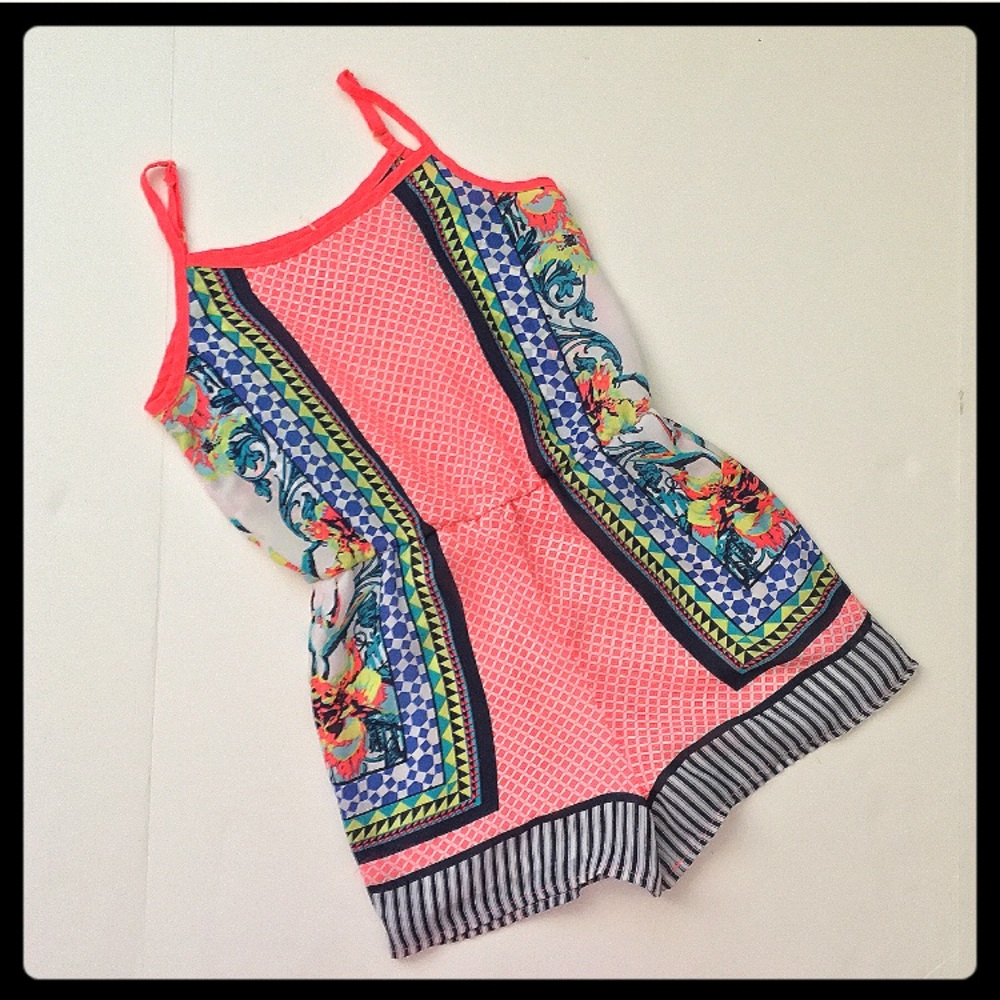 BRIGHT CORAL FLORAL SHORTS ROMPER - Picture 1 of 4