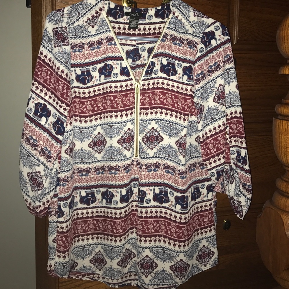 Long Zip-Up Blouse w/ Elbow Length Sleeves