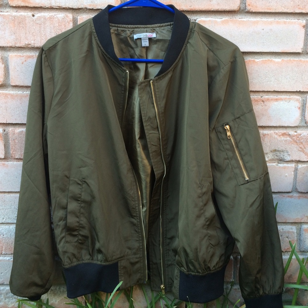 Military green bomber jacket