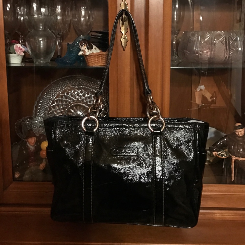 Coach black patent leather tote
