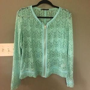 Beautiful lace Maurice's aqua zip front cardigan.