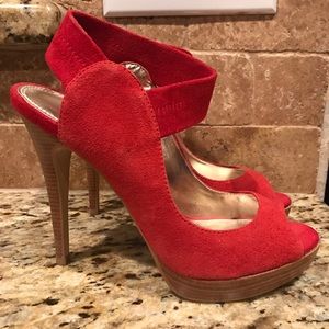 Bakers Red/Orange Peep Toe Suede Heels
