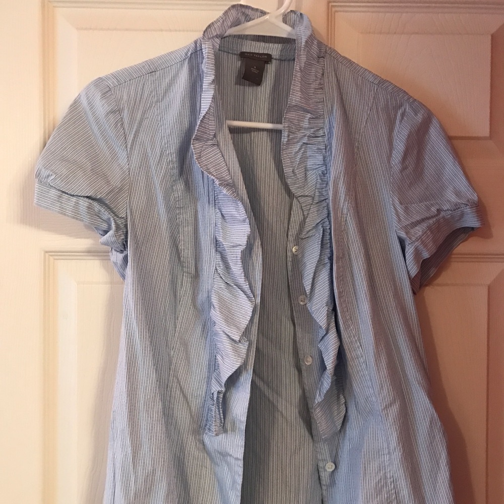 Ruffled Shawl Collar Short Sleeve Light Blue Shirt