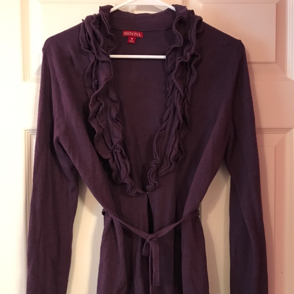 Mid Length Purple Ruffle Cardigan with Tie Waist