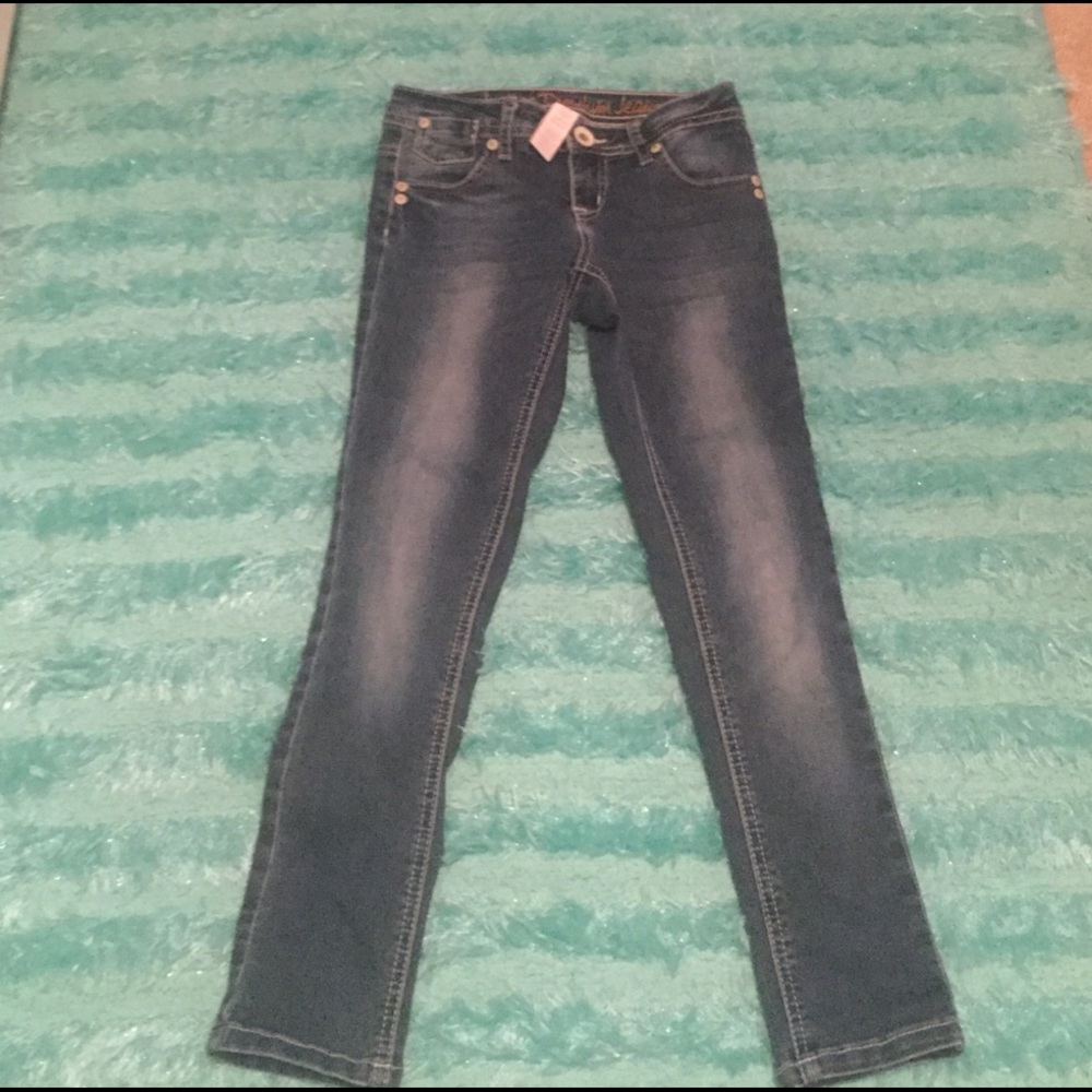 A pair of blue skinny jeans