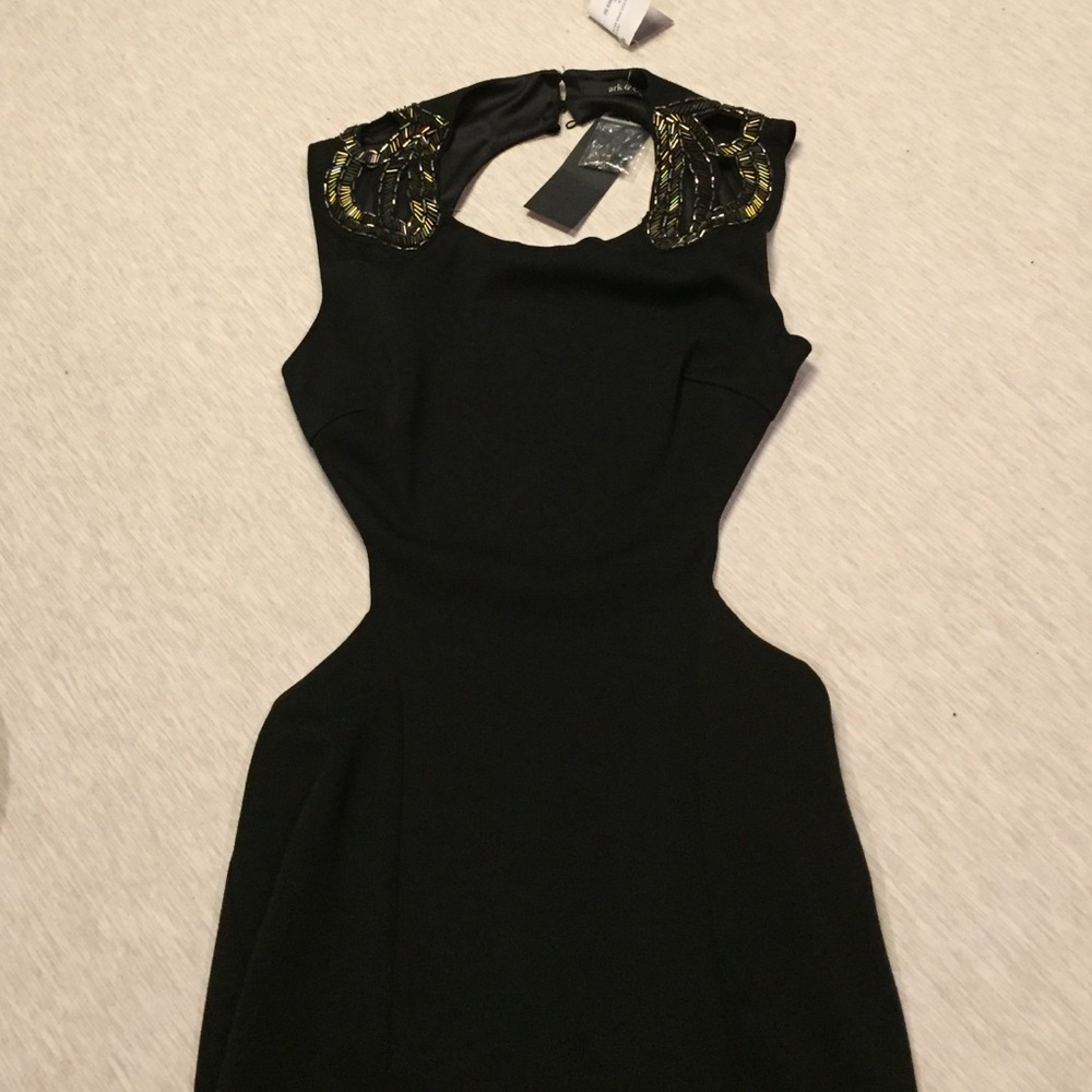 Open back cocktail dress with bead shoulder detail