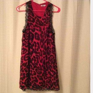 Tobi red cheetah /leopard print / black lace dress