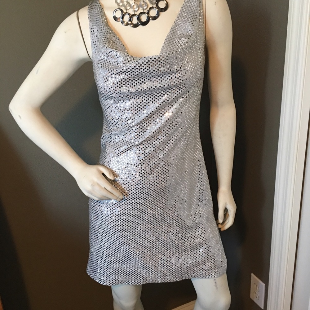 Silver sequence drape dress.