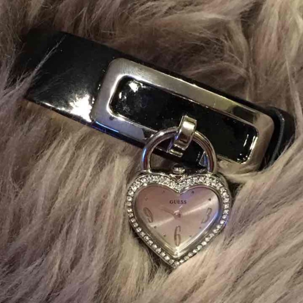 GUESS black leather heart watch bracelet