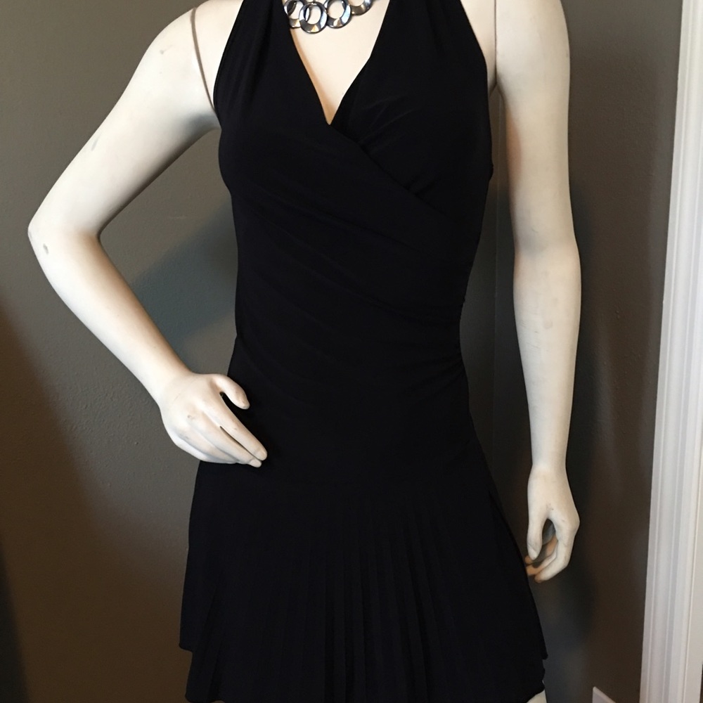 Black pleated halter dress.