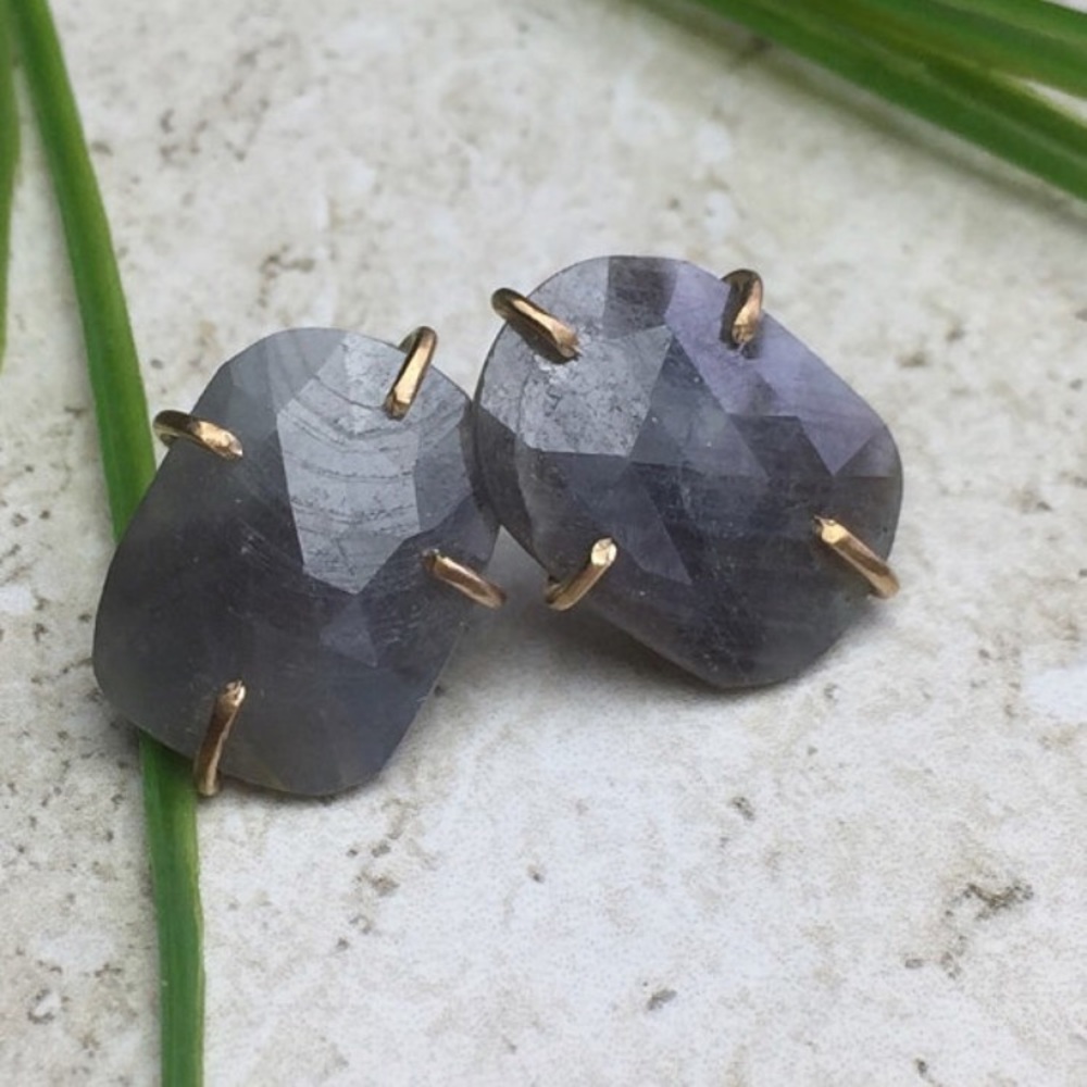 Sapphire Blue Rose Cut 14k Gold Studs
