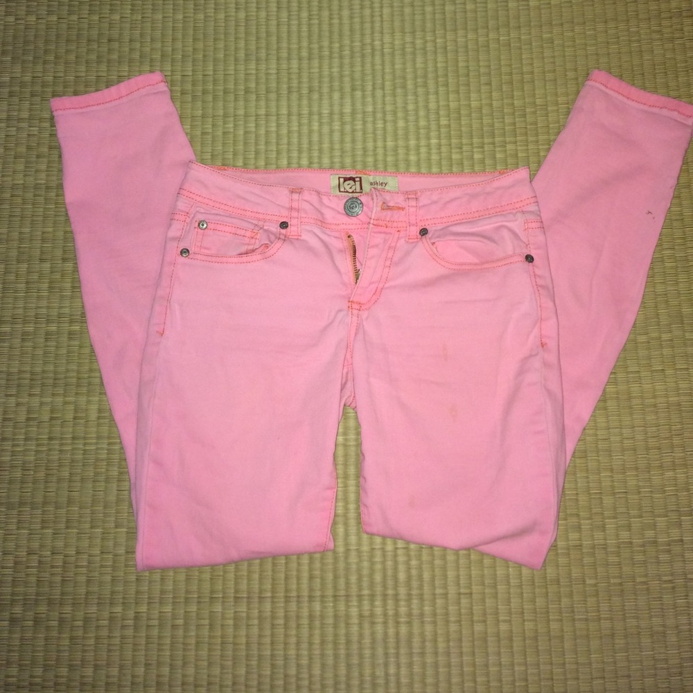 Bright pink skinny jeans
