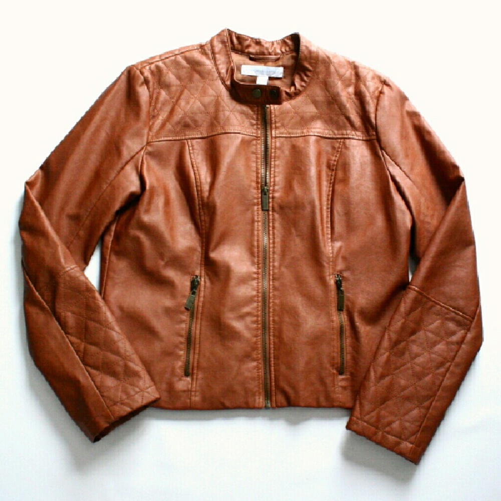 Brown Faux Leather Jacket with Quilted Accents