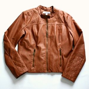 Brown Faux Leather Jacket with Quilted Accents