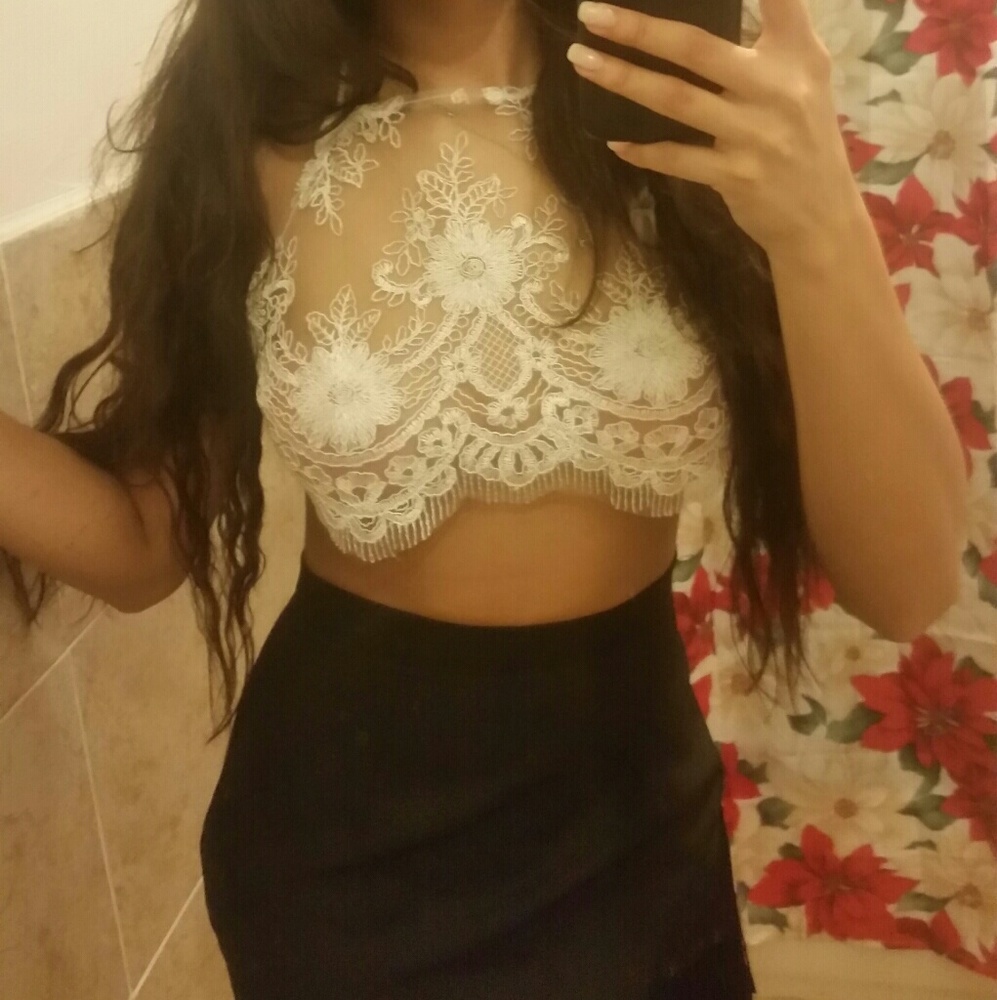 White sheer lace crop top