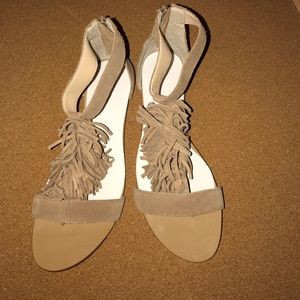New tan fringed sandals, zipped up back!