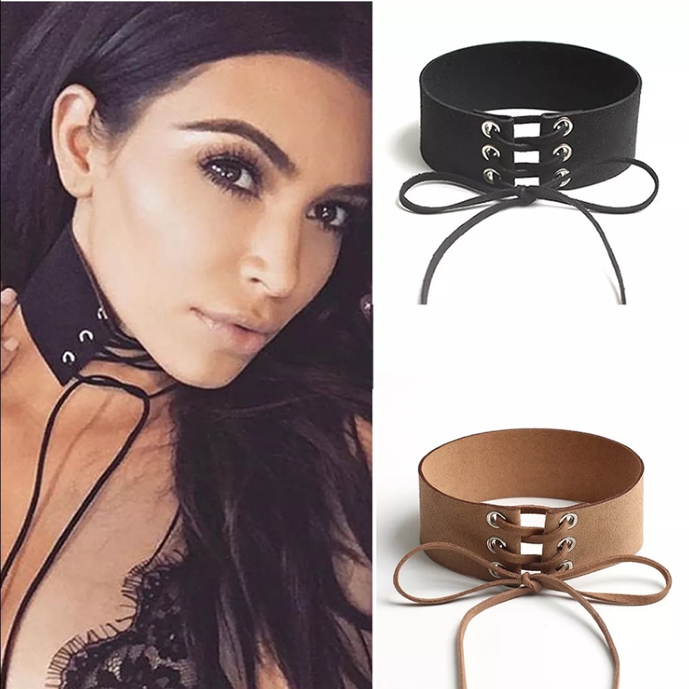 Lace Up Leather Choker Collar Necklace