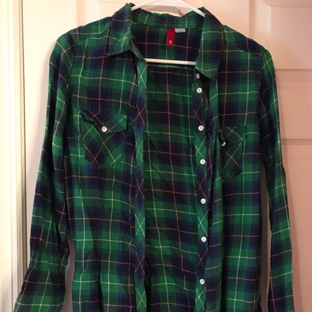 Ladies Cut Green Plaid Flannel Button Shirt