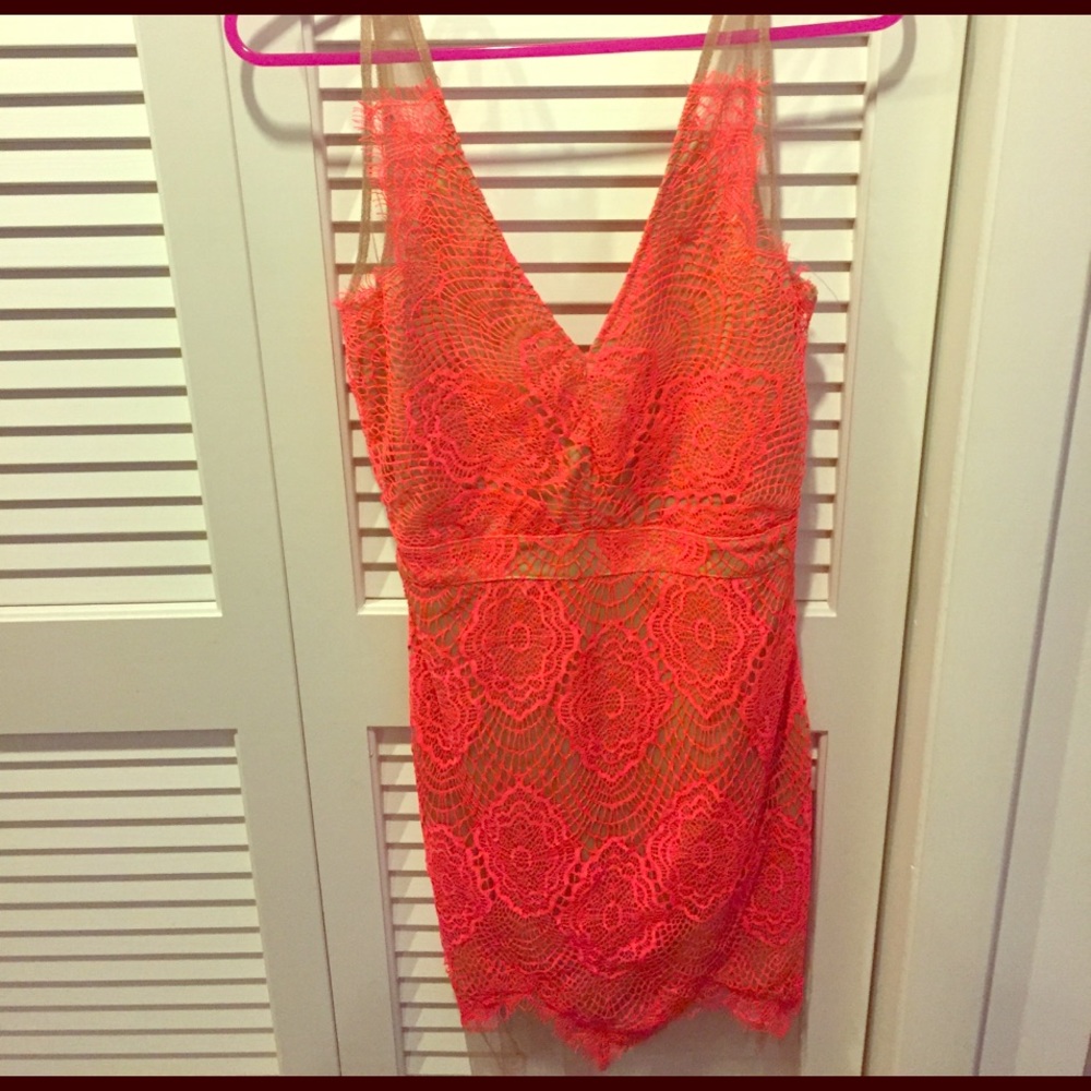 Orange lace/nude underlay dress