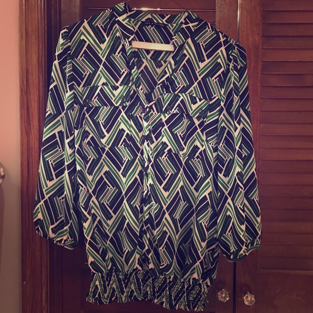 Zac and Rachel Green & Navy Print Blouse Sz Small