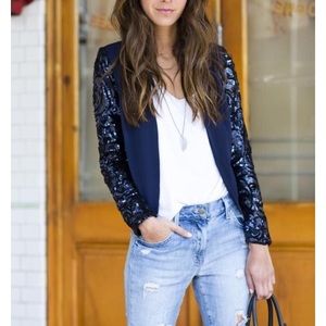 Tahari ASL Navy Sequined Collarless Blazer