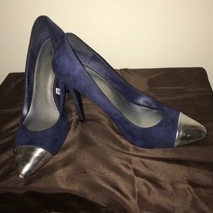 Blue Suede heels with Sliver toe. Worn a few times