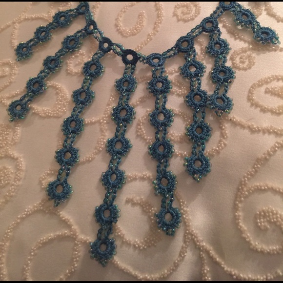 Hand Crocheted Turquoise Beaded Necklace - Picture 2 of 3
