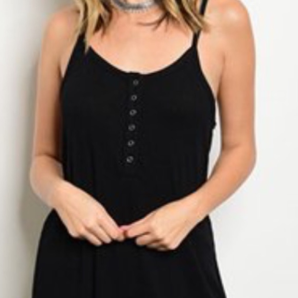 Spaghetti Strap Ribbed Black Tunic Dress w/ Snaps - Picture 2 of 5